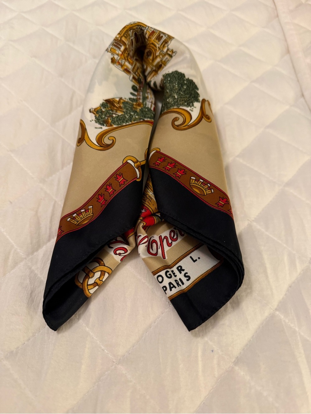Roger L. Paris Scenic Print Silk Scarf in Beige, Black & Gold